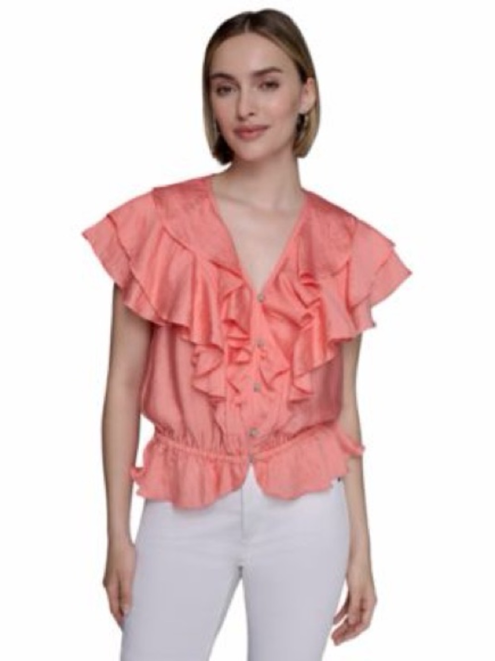 Karl Lagerfeld Coral Pink Ruffle Button-Front Blouse